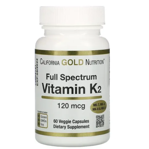 California Gold Nutrition, K vitamini (MK-4, MK-6, MK-7, MK-9), 120 mkg, 60 o‘simlik kapsulasi