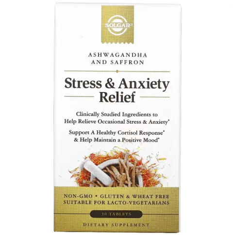 Solgar, Stress & Anxiety Relief Ashwagandha, Снятие стресса и тревоги, ашваганда и шафран, 30 таблеток