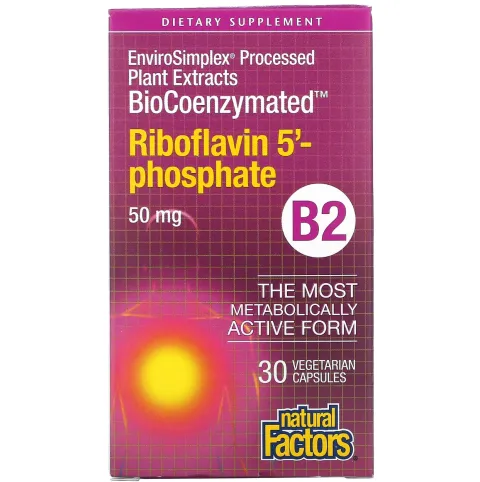 Natural Factors, BioCoenzymated, B2, рибофлавин 5-фосфат, Riboflavin 5-Phosphate, 50 мг, 30 вегетарианских капсул