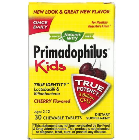 Natures Way, Primadophilus, Примадофилус для детей, со вкусом вишни, 3 млрд КОЕ, 30 жевательных таблеток