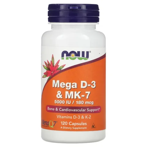NOW Foods, мега Д3 и MK-7, Mega D-3+K2, 180 мкг (5000 МЕ), 120 растительных капсул