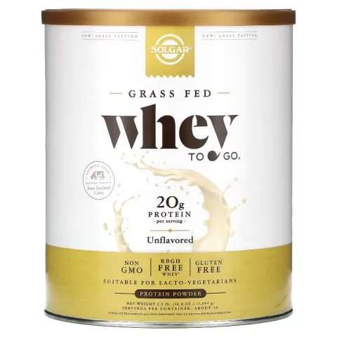 Solgar, Grass Fed, сывороточный протеин в порошке, Whey To Go, без добавок, 1044 г