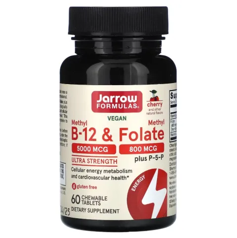 Jarrow Formulas, Methyl b-12, Folate, метил B12 и метилфолат, 5000 мкг/800 мкг, 60 жевательных таблеток