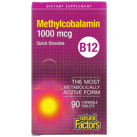 Natural Factors, vitamin B-12 methylcobalamin, витамин Б-12 метилкобаламин, 1000 мкг, 90 жевательных таблеток