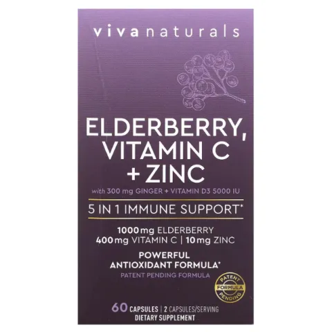 Viva Naturals, Elderberry, vitamin c + Zinc, бузина, витамин C и цинк, 60 капсул