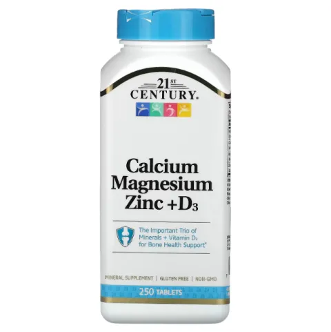 21st Century, кальций, магний, цинк + D3, Calcium, Magnesium, Zinc + D3, 250 таблеток