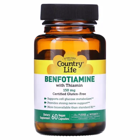 Country Life, Бенфотиамин с тиамином, Benfotiamine, 150 мг, 60 вегетарианских капсул