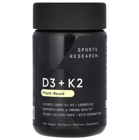 Sports Research, Витамины D3+K2 5000 МЕ, Vitamin D3+K2, 120 растительных капсул