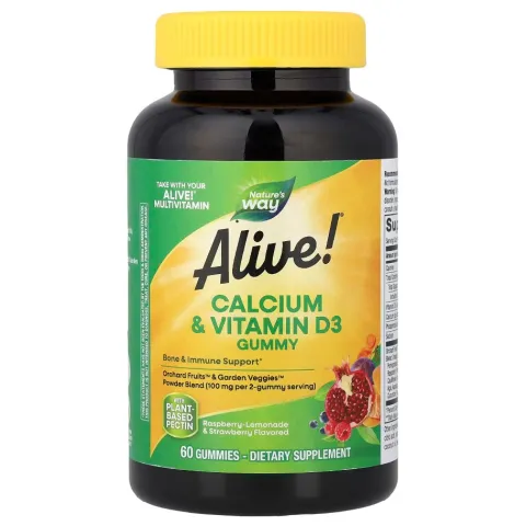 Natures Way, Alive!, жевательные таблетки с кальцием и витамином D3, малиновый лимонад и клубника, 60 мармеладок