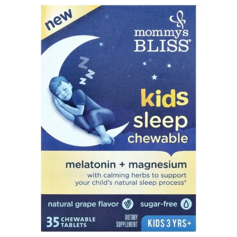 Mommy's Bliss, детские жевательные таблетки для сна, мелатонин + магний, для детей от 3 лет, натуральный виноград, 35 жевательных таблеток