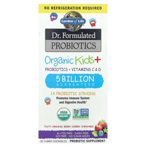 Garden of Life, Dr. Formulated Probiotics, Organic Kids +, вкусные органические ягоды и вишня, 30 вкусных жевательных таблеток