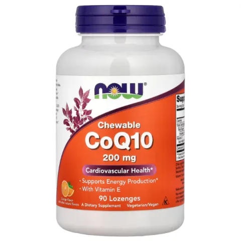 NOW Foods, жевательный коэнзим CoQ10 200 мг с витамином E, апельсин, 90 пастилок