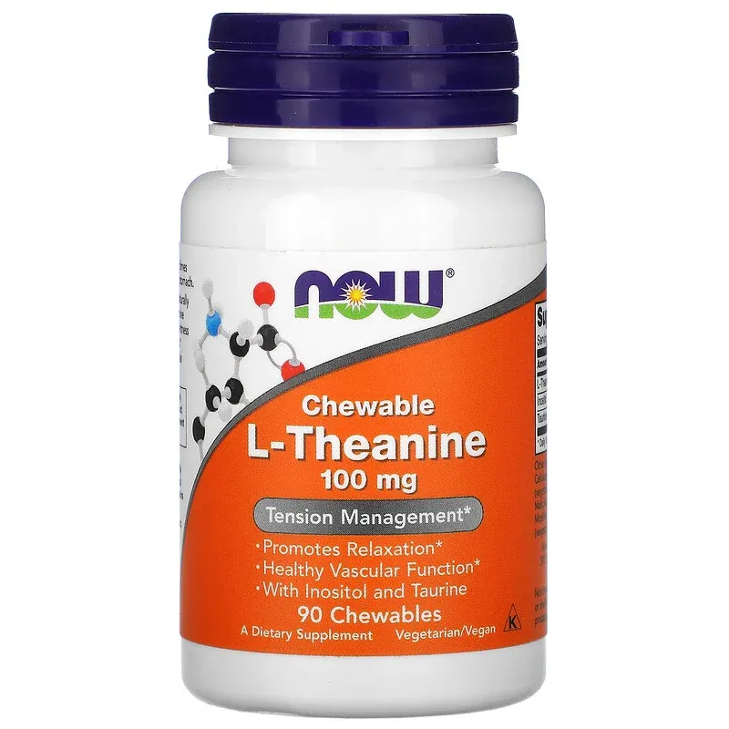 NOW Foods, L-Teanin Chaynaladigan Tabletka, 100 mg, 90 chaynaladigan tabletka