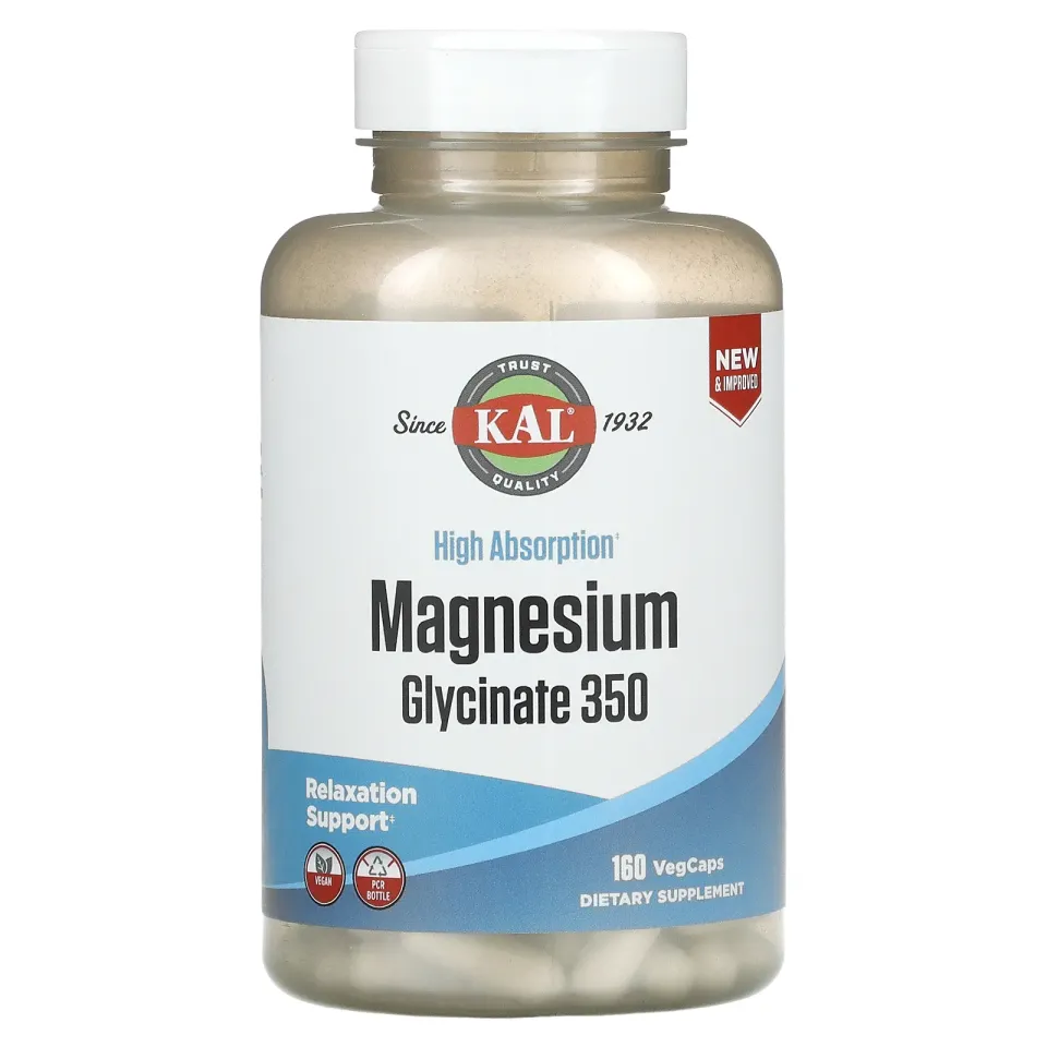 KAL, yuqori singdiruvchan magniy glitsinat 350, 160 vegetarian kapsulalari