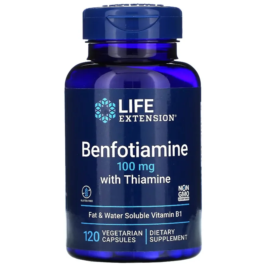 Life Extension, бенфотиамин с тиамином, Benfotiamine, 100 мг, 120 вегетарианских капсул
