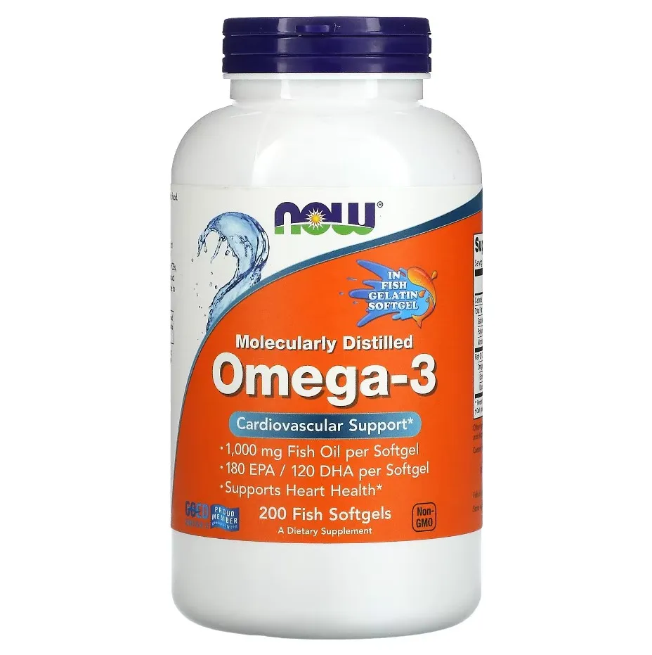 NOW Foods, омега-3, omega-3, 180 ЭПК / 120 ДГК, 200 капсул из рыбьего желатина