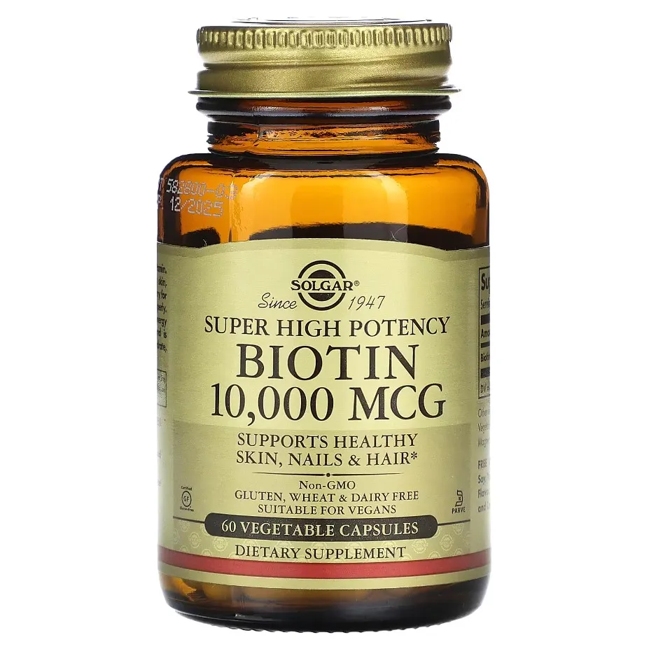 Solgar, Biotin, Биотин сверхвысокой эффективности, 10 000 мкг, 60 растительных капсул
