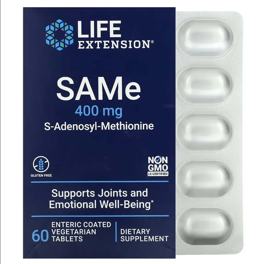 Life Extension, SAMe, S-аденозилметионин, 400 мг, 60 вегетарианских таблеток