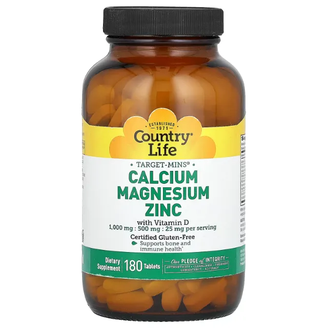Country Life, Кальций, магний и цинк с витамином D, Calcium Magnesium Zinc with vitamin D, 180 таблеток