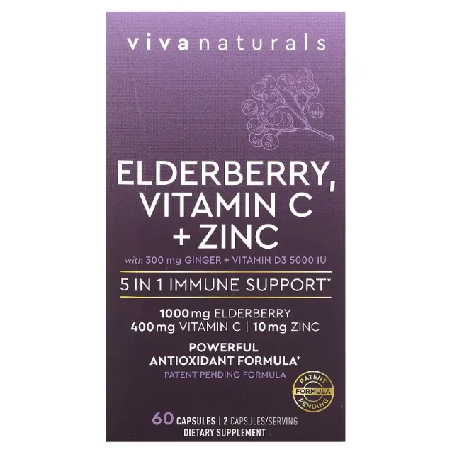 Viva Naturals, Elderberry, vitamin C va sink, 60 kapsula