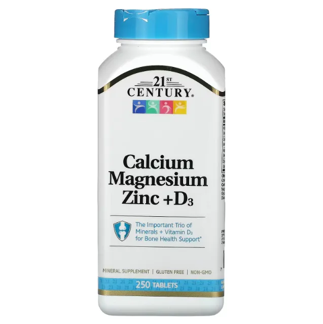 21st Century, кальций, магний, цинк + D3, Calcium, Magnesium, Zinc + D3, 250 таблеток