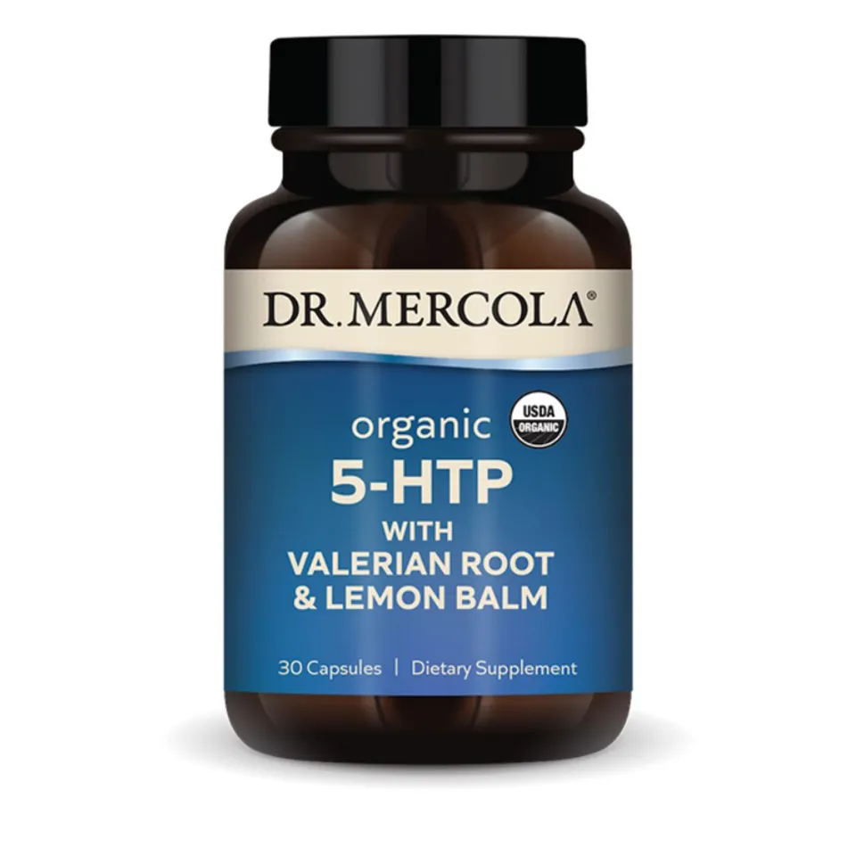 Dr. Mercola, Organik 5-HTP (gidroksitriptofan), valerian ildizi va melissa, 100 mg, 30 kapsula