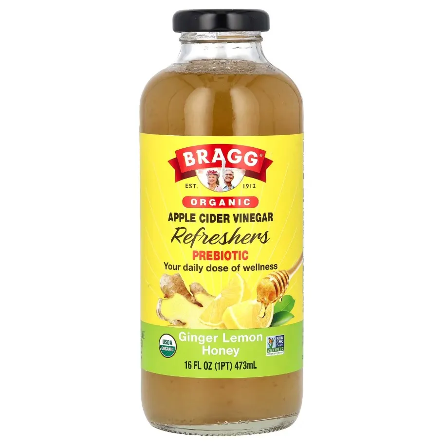 Bragg, Tetiklanturivchi organik olma sirkasi, prebiotik, zanjabil va limon va asal, 473 ml