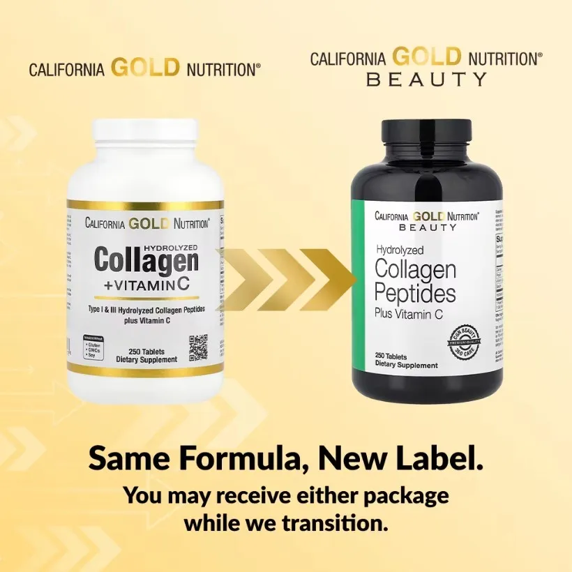 California Gold Nutrition, пептиды гидролизованного коллагена с витамином C, тип 1 и 3, 250 таблеток
