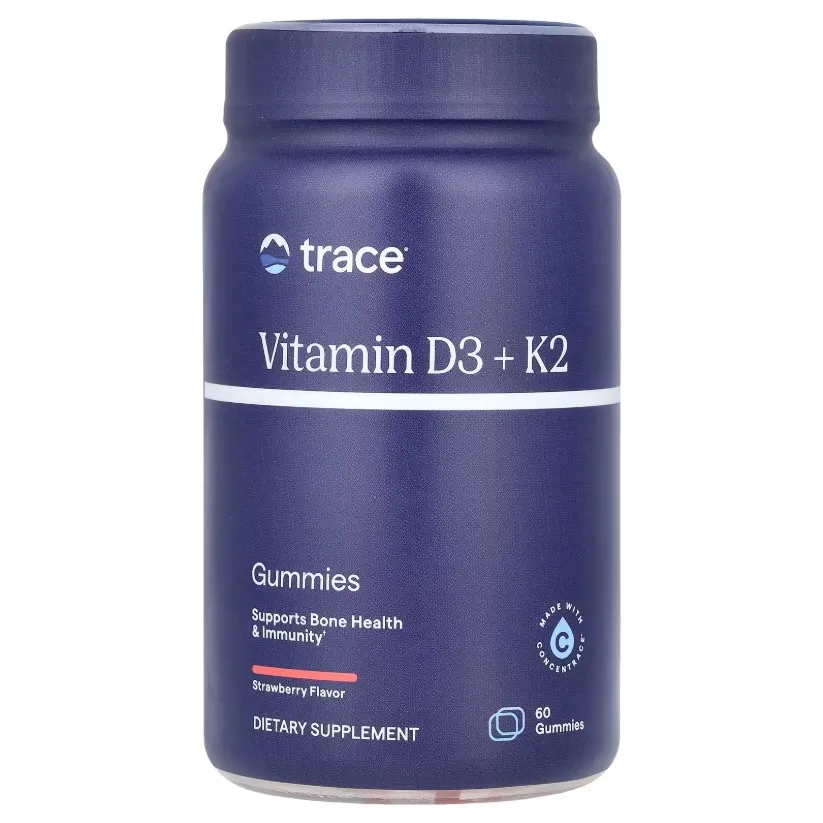 Trace, Витамины D3 и K2, 5000 МЕ, с клубникой, 60 жевательных мармеладок