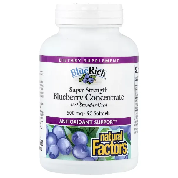 Natural Factors, концентрат черники, Blueberry Concentrate, 500 мг, 90 мягких таблеток
