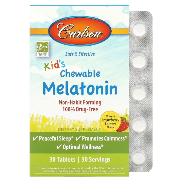 Carlson, Kids Melatonin, мелатонин для детей, клубника и лимон, 30 таблеток