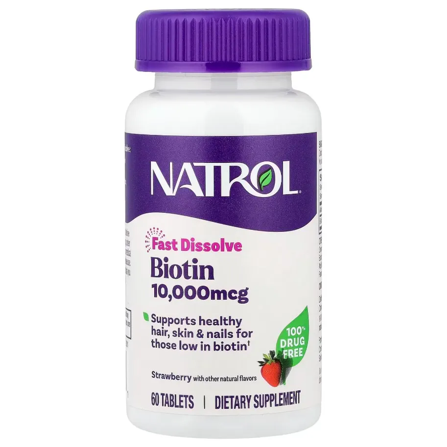 Natrol, Биотин, максимальная эффективность, клубника, 10 000 мкг, 60 таблеток